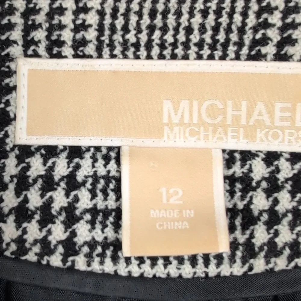 Michael Kors Black & White Houndstooth Plaid Blazer with Leather Accents Size 12